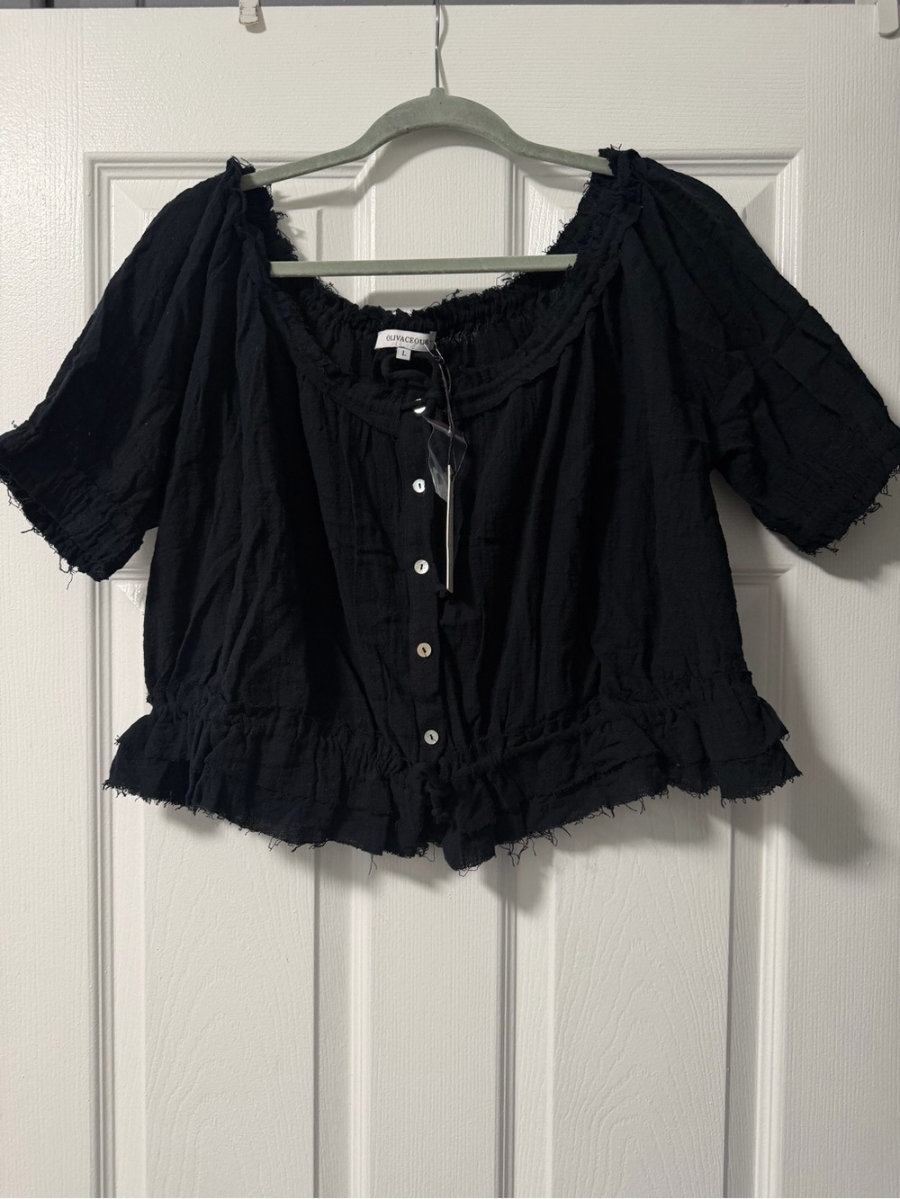 Olivaceous Black Cotton Peasant Crop Top L NWT Boho Puff Sleeve Ruffle